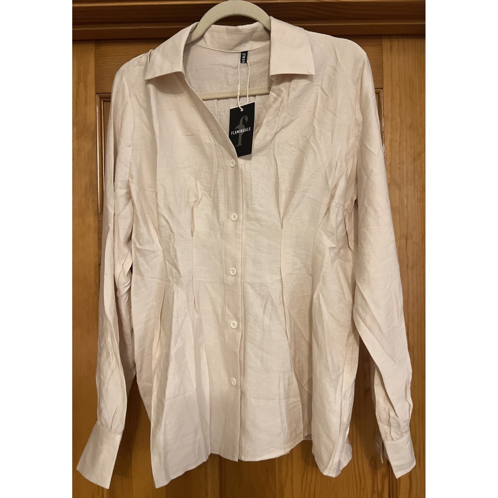 Flamimgals Women's Cream Button Up Long Sleeve Blouse Pleated Waist Sz Large
